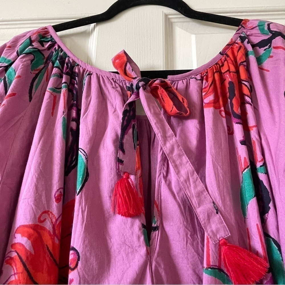 Ro’s Garden Vera Pink Floral Puff Sleeve Mini Dress Tie Waist Ruffle Hem Size M - Picture 9 of 16